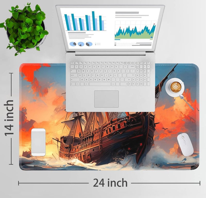 JVGFYNKL MTG Playmat + Drawstring Travel Pouch + 6 Dice Counter, for Tabletop Trading Card Game Playmats or Large Mouse Pad, Anti-Slip Rubber 24 x 14 in, Pirate Ship Sailing on The Sea TCG Playmat - Image 2